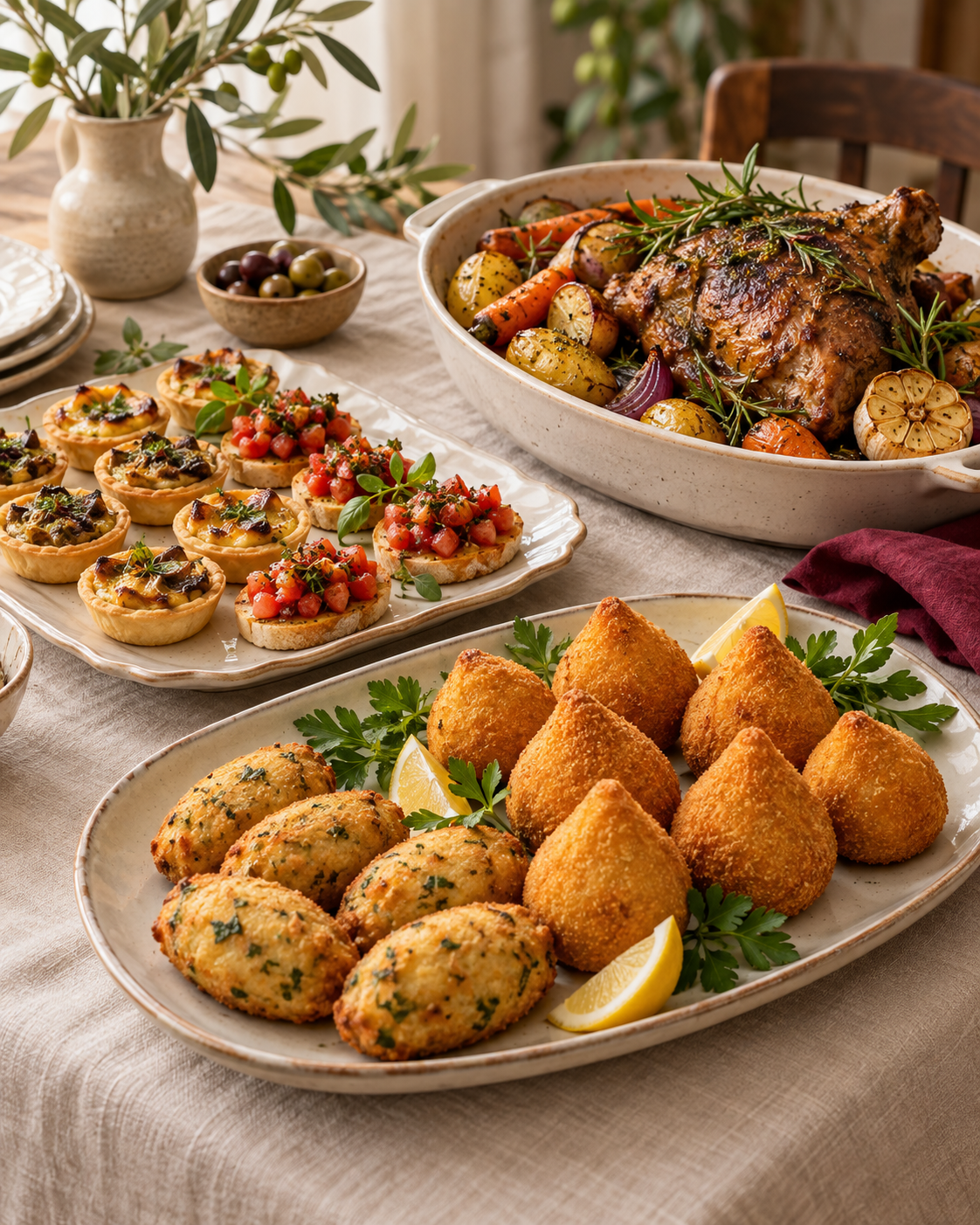 Mesa com coxinhas, bolinhos, pequenas entradas e um assado com legumes.